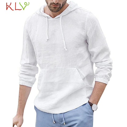 T Shirt Men Autumn Hooded Cotton Linen Top Long Sleeve White Fashion Casual Harajuku Tshirt Male Tees Homme Jogging Clothes 19Je